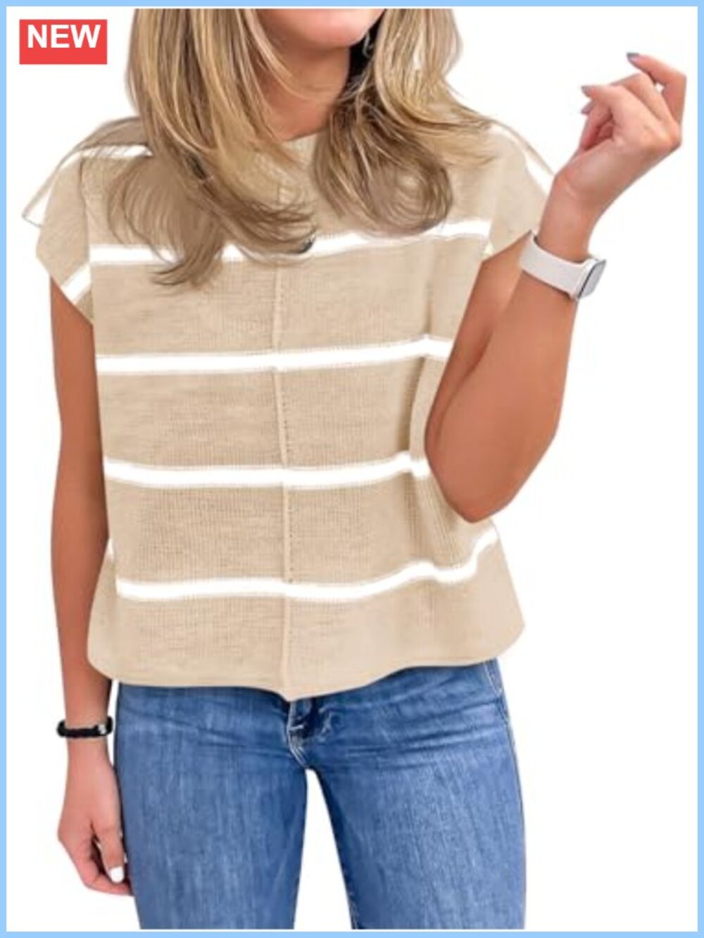 Womens Striped Cap Sleeve Knit Sweater Vest Crew Neck Loose Fit Tank Top